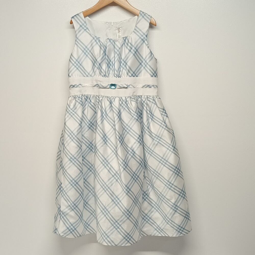 Cherokee| big girls Sz 10 blue & white plaid fancy formal dress EUC